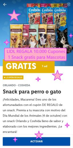 LIDL REGALA 10.000 Cupones para 1 snacks gratis para Mascotas perros y gatos