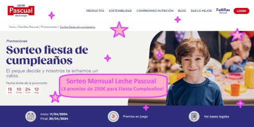 Sorteo Mensual Leche Pascual de 3 premios de 150 euros para fiesta de cumpleaños